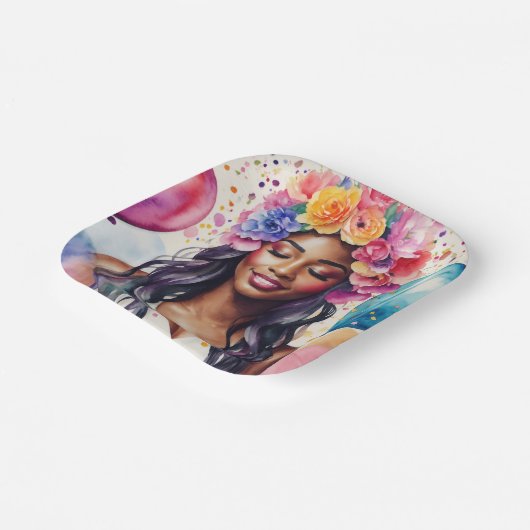 黒いかわいらし女性のバカラフルルーメンパーティー ペーパープレート (傾斜あり)