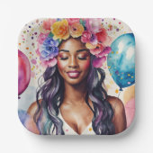 黒いかわいらし女性のバカラフルルーメンパーティー ペーパープレート (正面)