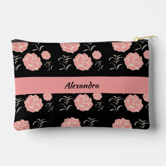 黒いかわいらし葉を持つ大きなピンクのバラ アクセサリーポーチ (裏面)