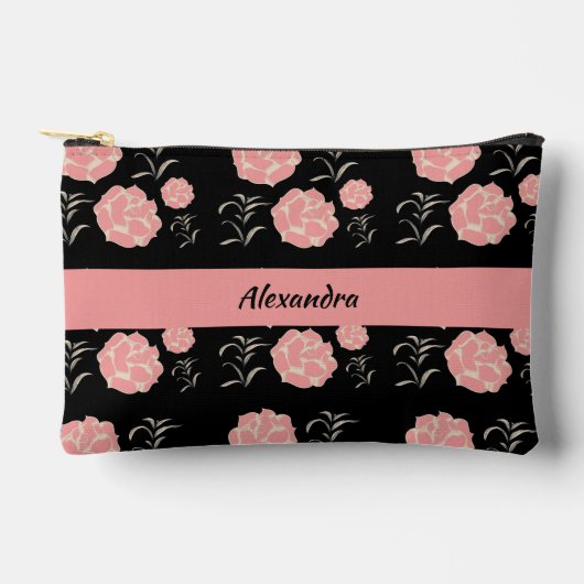 黒いかわいらし葉を持つ大きなピンクのバラ アクセサリーポーチ (正面)