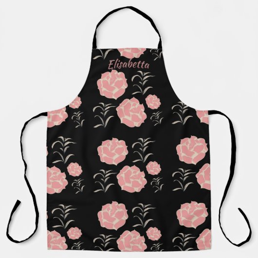 黒いかわいらし葉を持つ大きなピンクのバラ エプロン (正面)