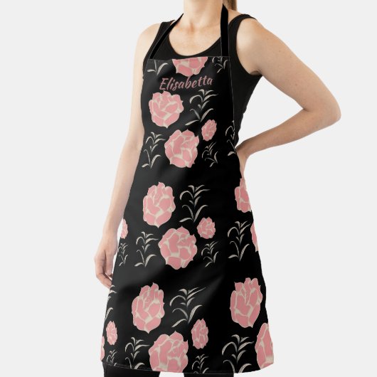 黒いかわいらし葉を持つ大きなピンクのバラ エプロン (インサイチュ)