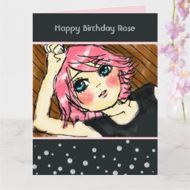 黒いきらめくフェイクダイヤモンド ピンクの髪の女の子の誕生日 カード