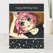 黒いきらめくフェイクダイヤモンド ピンクの髪の女の子の誕生日 カード (正面)