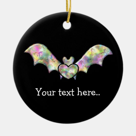 黒いこうもりおよびハートのパーソナライズなハロウィンのこうもり セラミックオーナメント (正面)
