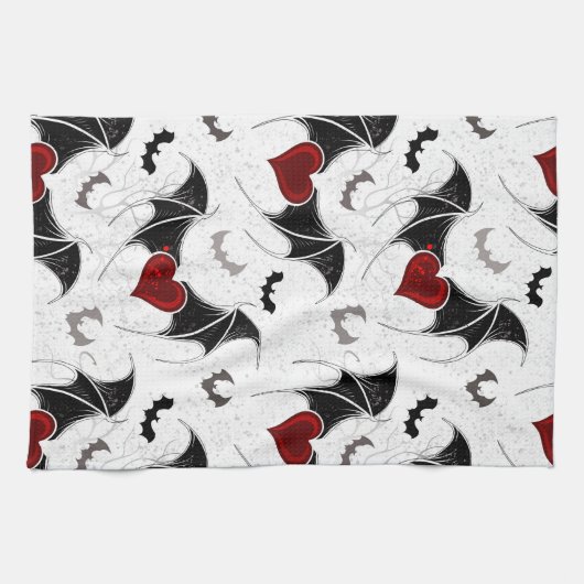 黒いこうもり翼を持つハロウィーンハート キッチンタオル (横)
