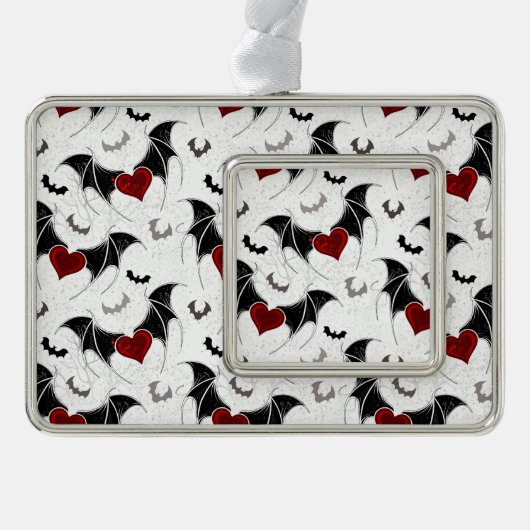 黒いこうもり翼を持つハロウィーンハート シルバープレートフレームオーナメント (正面)