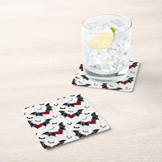 黒いこうもり翼を持つハロウィーンハート スクエアペーパーコースター (インサイチュ)