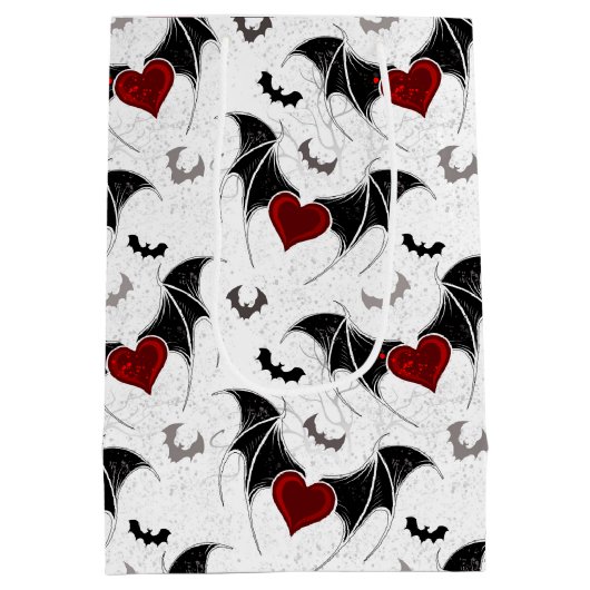 黒いこうもり翼を持つハロウィーンハート ミディアムペーパーバッグ (裏面)