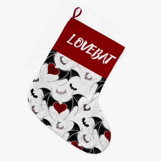 黒いこうもり翼を持つハロウィーンハート ラージクリスマスストッキング (正面 (吊り時))