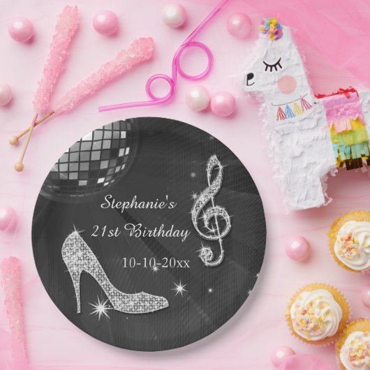 黒いですか銀製のディスコの球およびかかとの第21誕生日 ペーパープレート (パーティー)
