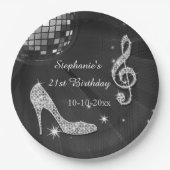 黒いですか銀製のディスコの球およびかかとの第21誕生日 ペーパープレート (正面)