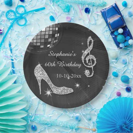 黒いですか銀製のディスコの球およびかかとの第60誕生日 ペーパープレート (パーティー)