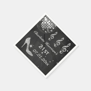 黒いですか銀製のディスコの球および輝きのかかと第21 スタンダードカクテルナプキン
