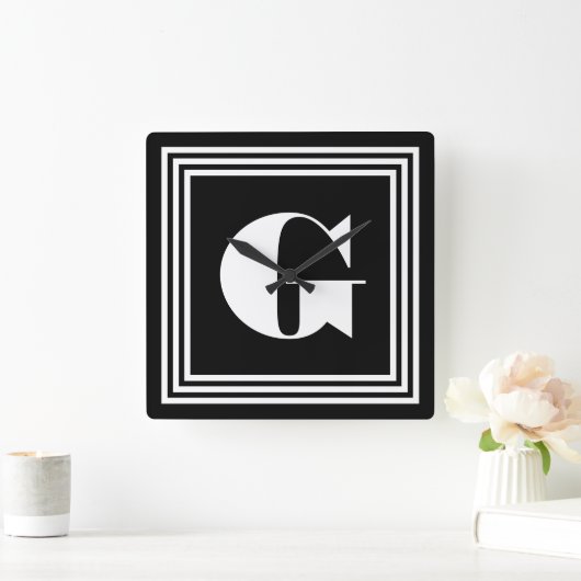 黒いはっきりしたな3つのフレームのモノグラム|及び白 スクエア壁時計 (ホーム)