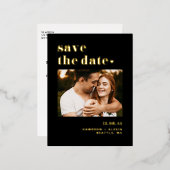 黒いはっきりしたタイポグラフィ写真の日付を保存 箔招待状ポストカード (正面/裏面)