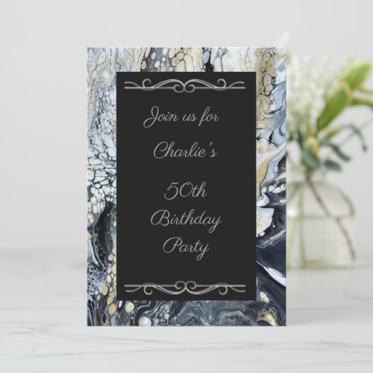 黒いはっきりした抽象芸術誕生日パーティーの招待 招待状 (スタンド正面)