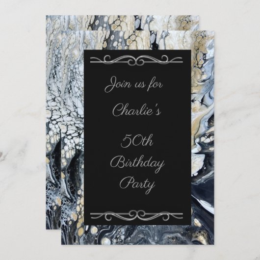 黒いはっきりした抽象芸術誕生日パーティーの招待 招待状 (正面/裏面)