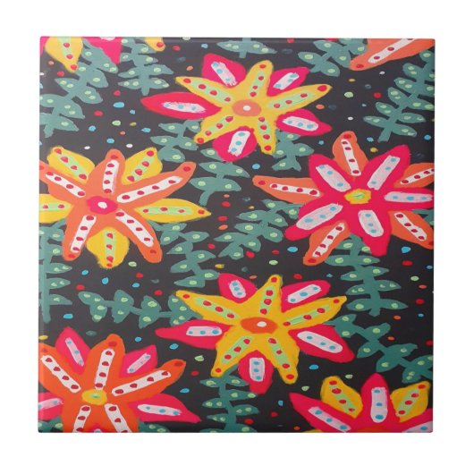 黒いはっきりした石のコーアに黄色とオレンジの花 タイル (正面)