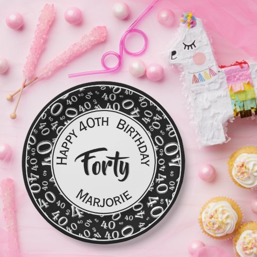 黒いまたは白の第40誕生会数パターン ペーパープレート (パーティー)