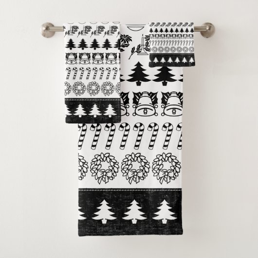 黒いまたは白クリスマスのフォントの芸術パターンを漕ぎます バスタオルセット (インサイチュ)