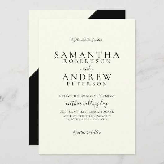 黒いアイボリーのエレガントでシンプルなタイポグラフィの結婚式 招待状 (正面/裏面)