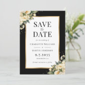 黒いアイボリー金ゴールドフローラ結婚式日付カードを保存 セーブザデート (スタンド正面)