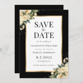 黒いアイボリー金ゴールドフローラ結婚式日付カードを保存 セーブザデート (正面/裏面)