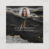 黒いアゲート金ゴールドグリッターのスクリプトフォト スクエア名刺 (正面)