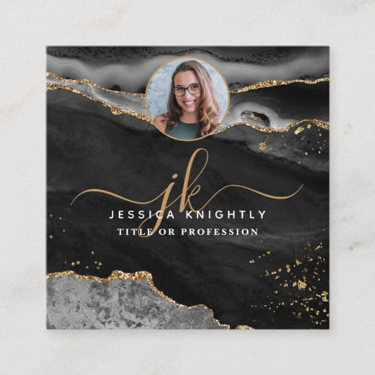 黒いアゲート金ゴールドグリッターのスクリプトフォト スクエア名刺 (正面)