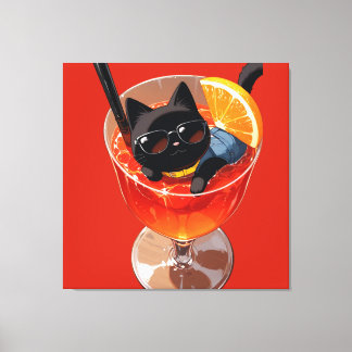 黒いアニメの猫がジュースのコップに入ったデザイン キャンバスプリント