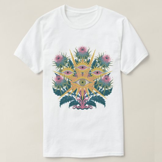 黒いアパレル向けのウィッチーなオカルト植物画 Tシャツ (デザイン正面)