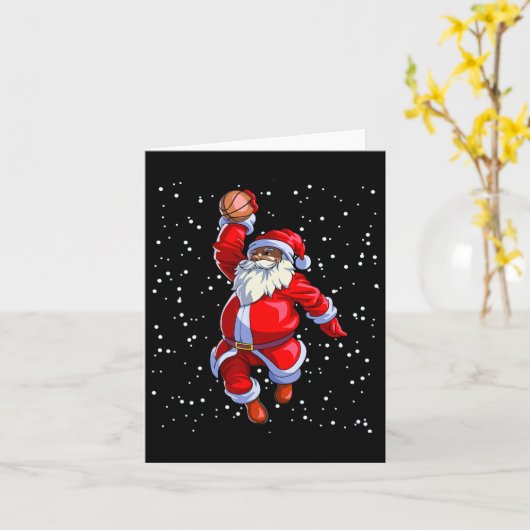 黒いアフリカ系アメリカ人のサンタクロースがバスケットボールをしているアフロ カード (黄色い花)