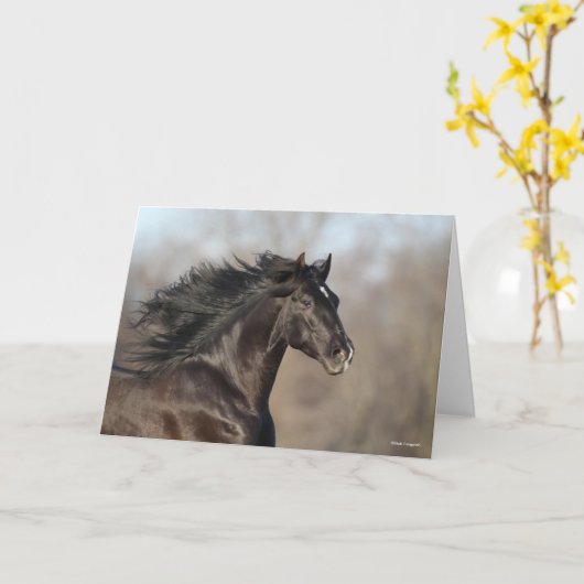 黒いアンダルシアのヘッドショットのたてがみが流れる カード (黄色い花)