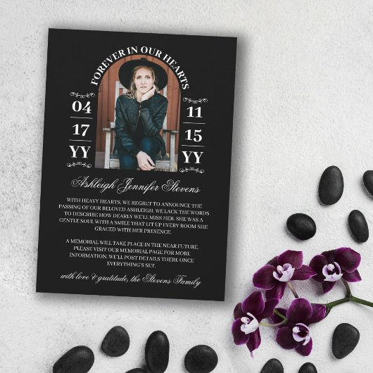 黒いアーチの写真 永遠に私たちの心の中に 死 案内状