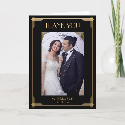 黒いアールデコは結婚式の挨拶状感謝していしています サンキューカード (正面)