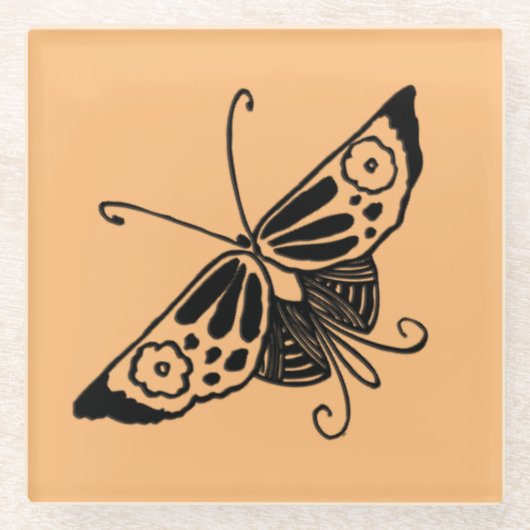 黒いアールデコ蝶 – カスタマイズ可能な背景 ガラスコースター (正面)