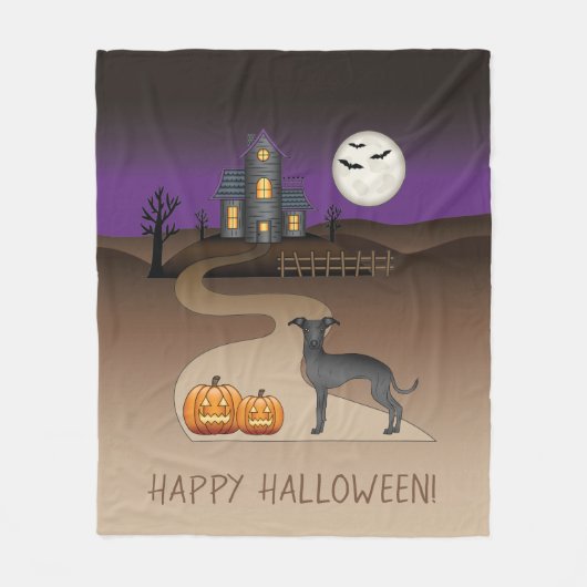 黒いイギーかわいい犬とハロウィーンハ幽霊のよく出るウス フリースブランケット (正面)