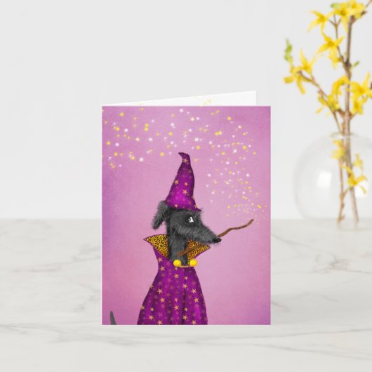 黒いウィザードドッグ小さなハロウィーンカード カード (黄色い花)
