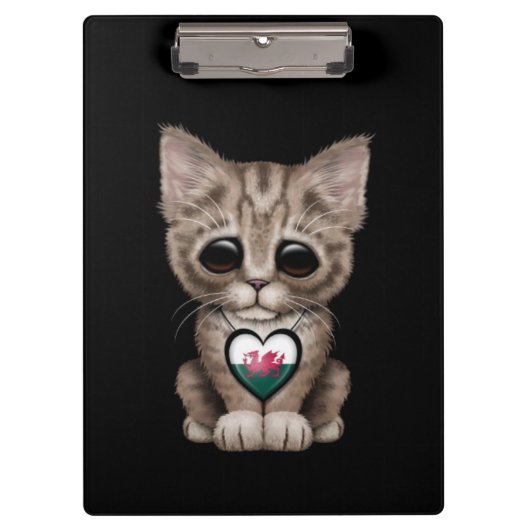 黒いウェールズの旗のハートのかわいい子ネコ猫 クリップボード (正面)