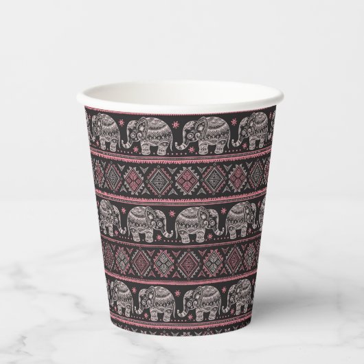 黒いエスニックゾウの模様 紙コップ (正面)