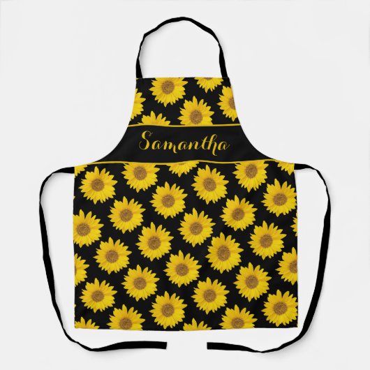 黒いエプロンに付いた黄色パーソナライズされたのひまわり エプロン (正面)