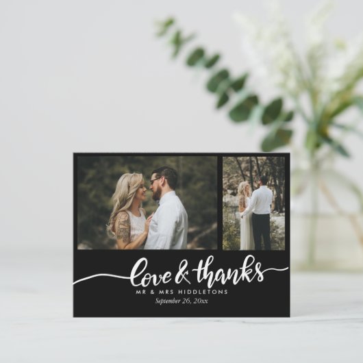 黒いエレガントな結婚式の愛とスクリプ感謝していト ポストカード (スタンド正面)