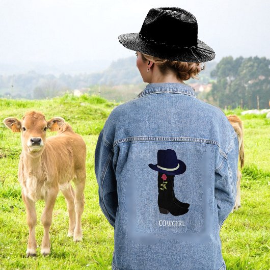 黒いエレガントカントリーハットとブーツ デニムジャケット