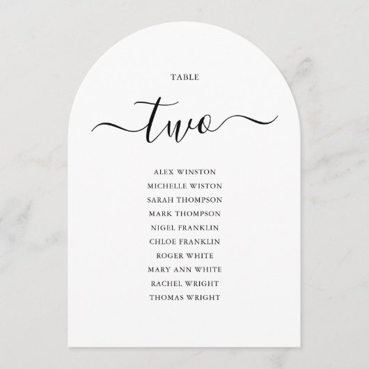 黒いエレガントスクリプトのアーチ型テーブルの座席表 招待状 (正面)