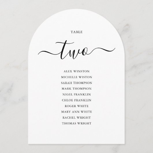 黒いエレガントスクリプトのアーチ型テーブルの座席表 招待状 (裏面)