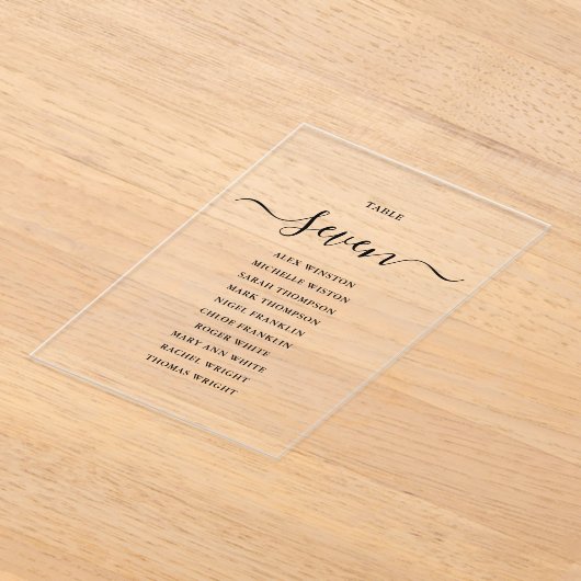 黒いエレガントスクリプトのテーブル番号のシーティンググラフ アクリル招待状 (レイダウン)