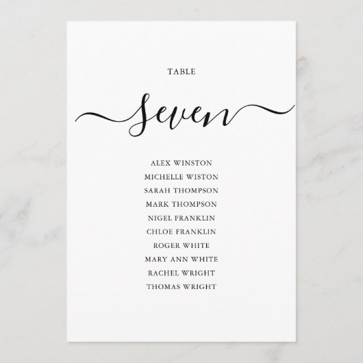 黒いエレガントスクリプトのテーブル番号のシーティンググラフ 招待状 (裏面)