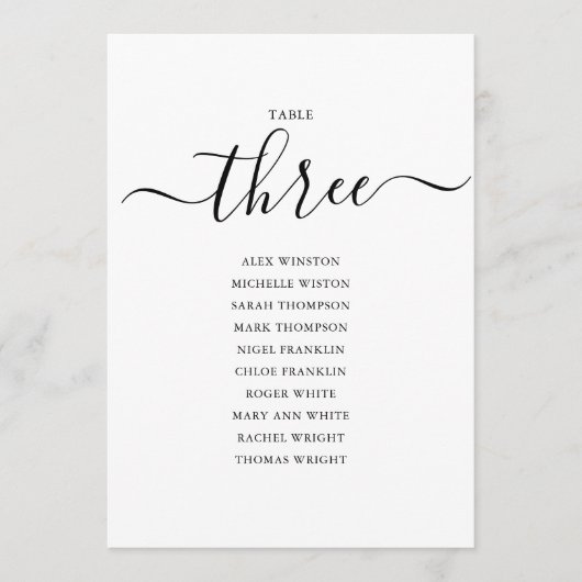 黒いエレガントスクリプトテーブル番号3シーティンググラフ 招待状 (正面)