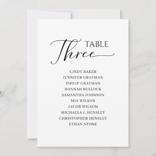 黒いエレガントスクリプトテーブル番号3シーティンググラフ 招待状 (正面)